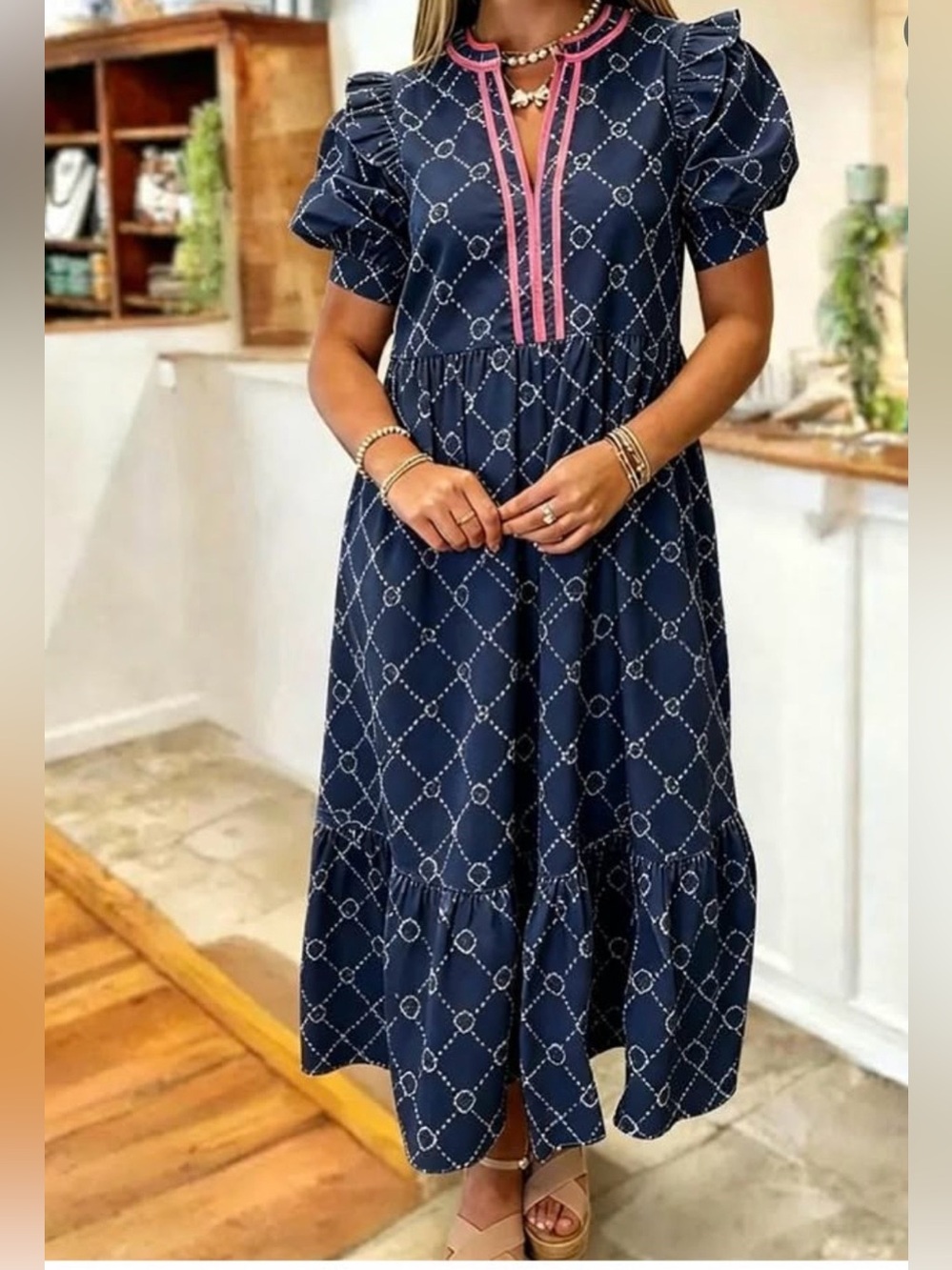 Navy Blue Patterned Midi Dress with Pink Trim